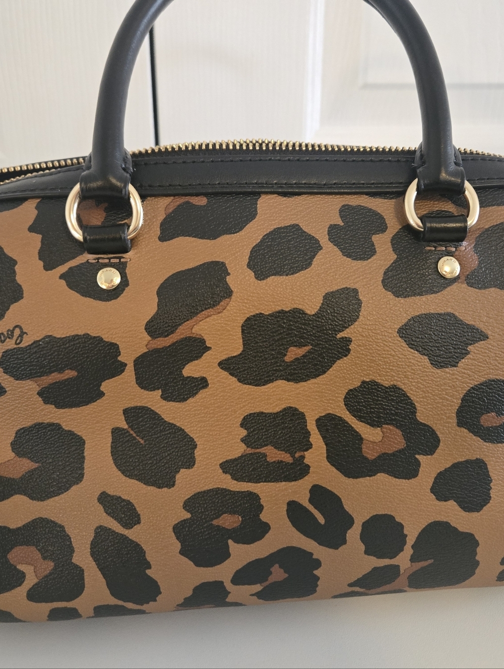 Coach Leopard-Print Satchel in Brown and Black with Gold Hardware MEDIUM ROWAN - Picture 8 of 17